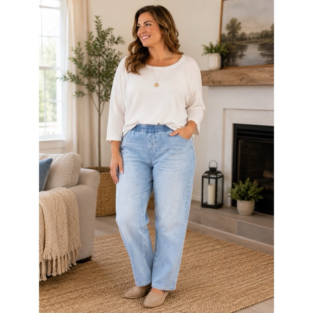 Soft Surroundings Pull On Jeans Size 1X Light Wash Straight Leg Stretch Pockets